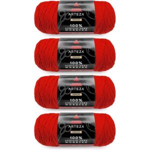 ARTEZA Acrylic Yarn for Crocheting, 4 x 200-g Skeins of Worsted Yarn for Knitting, Mossy A602, Knitting & Crochet Supplies(Red)