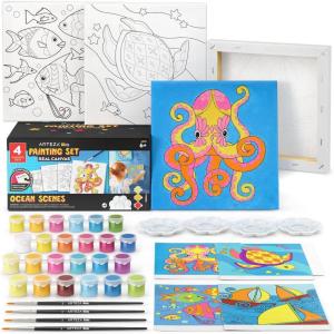 ARTEZA Animal-Themed Painting Set for Kids, 4 Pre-Sized 8×8 Inch Canvases, 24 Vibrant Acrylic Colors, 4 Brushes & Palettes, Creative Art Activities for Ages 6+(Ocean Scenes)