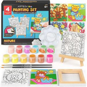 ARTEZA Animal-Themed Painting Set for Kids, 4 Pre-Sized 8×8 Inch Canvases, 24 Vibrant Acrylic Colors, 4 Brushes & Palettes, Creative Art Activities for Ages 6+(Nature)