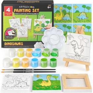 ARTEZA Animal-Themed Painting Set for Kids, 4 Pre-Sized 8×8 Inch Canvases, 24 Vibrant Acrylic Colors, 4 Brushes & Palettes, Creative Art Activities for Ages 6+(Dinosaur)