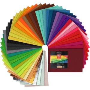 ARTEZA Craft Felt Sheets, 8.3 x 11.8 Inches, Set of 50, Assorted Colors, Stiff Non Woven Felt Fabric for Sewing and DIY Projects