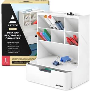 ARTEZA Desktop Storage Rack with Divider – 3 Drawers for Art and Office Supplies, Pencil Holder Organizer for Desk, 11.57 x 8.43 x 8.5 in, Cool Gray(6-Compartment White)