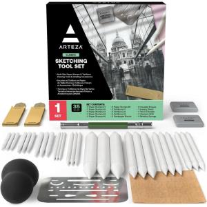 ARTEZA Drawing Kit for Adults – 35-Piece Sketching Set with Blending Stumps, Tortillons, Sanding Blocks, Erasers, Chamois, Pencil Extender and Tools