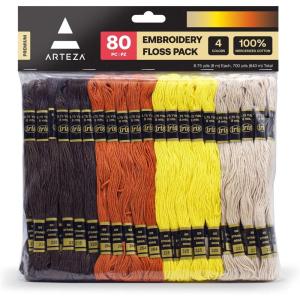 ARTEZA Embroidery Thread 80 Skeins – 100% Mercerized Cotton Floss in Black, White, Dark Gray & Light Gray – for Cross Stitch, Needlework, Jewelry and Crafts(Brown)