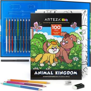 ARTEZA Kids Coloring Book and Colored Pencils Kit, 8.5×11 Inches, Sea Creature Illustrations, 50 Double-Sided Coloring Sheets, 100-lb Paper(Animal)