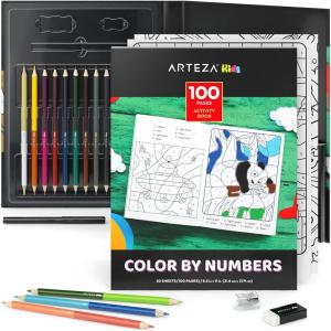 ARTEZA Kids Coloring Book and Colored Pencils Kit, 8.5×11 Inches, Sea Creature Illustrations, 50 Double-Sided Coloring Sheets, 100-lb Paper(Color-by-Number)