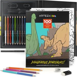 ARTEZA Kids Coloring Book and Colored Pencils Kit, 8.5×11 Inches, Sea Creature Illustrations, 50 Double-Sided Coloring Sheets, 100-lb Paper(Dinosaurs)