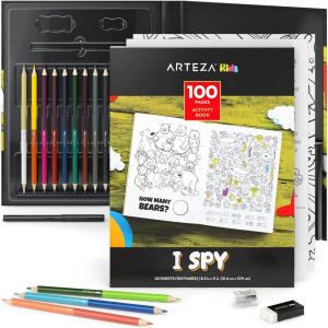 ARTEZA Kids Coloring Book and Colored Pencils Kit, 8.5×11 Inches, Sea Creature Illustrations, 50 Double-Sided Coloring Sheets, 100-lb Paper(I Spy)