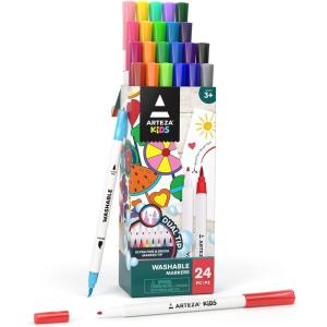 ARTEZA Kids Fine Tip Washable Markers, 42 Bright Colors, 36 Washable Marker Pens and 6 Non-Washable Neon Pens, School Supplies for Kids Ages 3 and Up(24 Dual Tip)