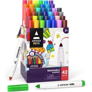 ARTEZA Kids Fine Tip Washable Markers, 42 Bright Colors, 36 Washable Marker Pens and 6 Non-Washable Neon Pens, School Supplies for Kids Ages 3 and Up(42 Broad Tip)