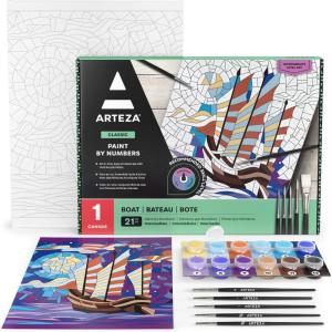 ARTEZA Paint by Numbers Kit, 12×16 Inches, 21 Pieces, Monstera Canvas Painting Kit, Canvas Panel, 12 Acrylic Paint Pots, 5 Paintbrushes, Art Supplies for a Meditative and Calming(Boat)