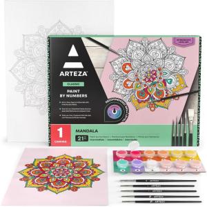 ARTEZA Paint by Numbers Kit, 12×16 Inches, 21 Pieces, Monstera Canvas Painting Kit, Canvas Panel, 12 Acrylic Paint Pots, 5 Paintbrushes, Art Supplies for a Meditative and Calming(Mandala)