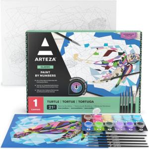 ARTEZA Paint by Numbers Kit, 12×16 Inches, 21 Pieces, Monstera Canvas Painting Kit, Canvas Panel, 12 Acrylic Paint Pots, 5 Paintbrushes, Art Supplies for a Meditative and Calming(Turtle)