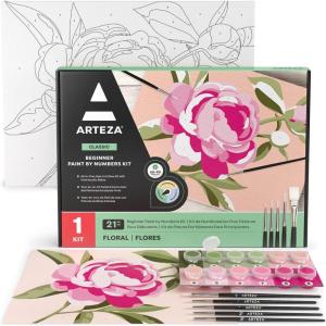 ARTEZA Paint by Numbers Kit, 12×16 Inches, 21 Pieces, Monstera Canvas Painting Kit, Canvas Panel, 12 Acrylic Paint Pots, 5 Paintbrushes, Art Supplies for a Meditative and Calming(Floral)