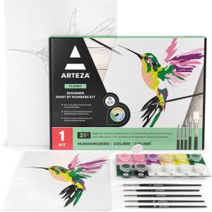 ARTEZA Paint by Numbers Kit, 12×16 Inches, 21 Pieces, Monstera Canvas Painting Kit, Canvas Panel, 12 Acrylic Paint Pots, 5 Paintbrushes, Art Supplies for a Meditative and Calming(Hummingbird)
