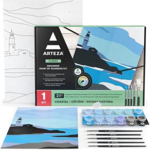 ARTEZA Paint by Numbers Kit, 12×16 Inches, 21 Pieces, Monstera Canvas Painting Kit, Canvas Panel, 12 Acrylic Paint Pots, 5 Paintbrushes, Art Supplies for a Meditative and Calming(Coastal Landscape)