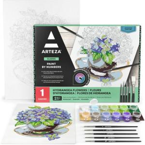 ARTEZA Paint by Numbers Kit, 12×16 Inches, 21 Pieces, Monstera Canvas Painting Kit, Canvas Panel, 12 Acrylic Paint Pots, 5 Paintbrushes, Art Supplies for a Meditative and Calming(Floral Hydrangea)