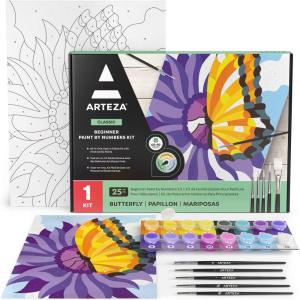 ARTEZA Paint by Numbers Kit, 12×16 Inches, 21 Pieces, Monstera Canvas Painting Kit, Canvas Panel, 12 Acrylic Paint Pots, 5 Paintbrushes, Art Supplies for a Meditative and Calming(Butterfly)