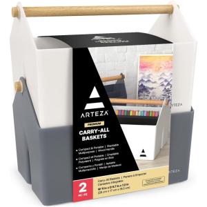 ARTEZA Plastic Portable Craft Storage Organizer, Pack of 2, Gray and Ivory, 3-Sectioned Plastic Basket with Handle, Caddy Organizer(Pack of 2)