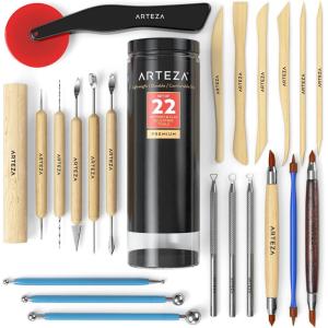 ARTEZA Pottery & Polymer Clay Tools, 22-Piece Sculpting Set with Steel Tips and Wooden Handles, Craft Kit for Pottery Modeling and Carving(Set of 22)