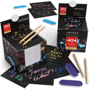 ARTEZA Scratch Paper Set, 404 Scratch-Off Notes, 3.5 x 3.5 Inches, 200 Rainbow-Themed, 200 Holographic