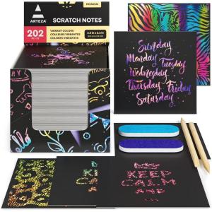 ARTEZA Scratch Paper, Set of 202 Notes, 3.5 x 3.5 Inches, 200 Holographic and 2 Gold-Foil Star Backgrounds