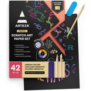 ARTEZA Scratch Paper, Set of 42 Sheets, 10.9 x 8.2 Inches, Includes 4 Unique Patterns, 4 Scratchers, 4 Stencils, 4 Post Cards