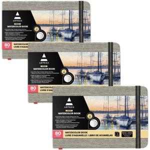 ARTEZA Watercolor Book, Pack of 3, 80 Pages Each, 3.5×5.5 Inch Watercolor Notebook, 110lb/230gsm Water Color Paper(Pack 3)
