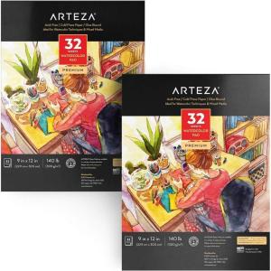 ARTEZA Watercolor Paper, Pack of 2, 32 Sheets Each, 9×12 Inch Watercolor Sketchbook, 140lb/300gsm, Cold Press, Acid Free Art Paper(64 Sheets  9×12 Inch)