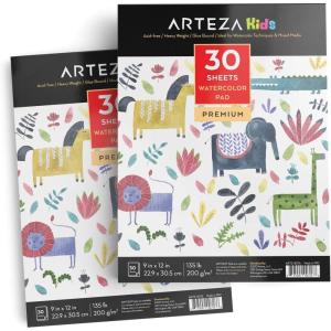 ARTEZA Watercolor Paper for Kids, 2 Pack, 30 Sheets Each, 9×12 Inches Water Pad, 135lb/200gsm, Glue Bound, Acid Free Kids Paper(60 Sheets)
