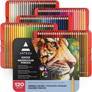 ARTEZA Watercolor Pencils Set of 72 Water-Soluble Colored Pencils for Blending, Layering, Painting, Lightfast Pigments with Soft Cores in Tin Case, Art Supplies for Adults, Artists, Holiday Gift Set(120)