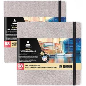 ARTEZA Watercolor Sketchbook, 2-Pack, 68 Pages Each, 8.25 x 8.25 Inches, Beige Hardcover, 110-Pound Paper(Gray)