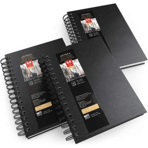 ARTEZA Watercolor Sketchbook 2-Pack, 9×12 Inches – 64 Pages Each, Spiral-Bound 140 lb Cold Press Paper, Gray Hardcover Journal for Mixed Media(Black)