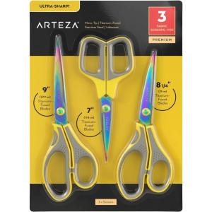 Arteza Craft Scissors, Set of 3, 8-Inch Scissors with Different Blades, Titanium Nonstick Stainless Steel Blades, Craft Supplies for Scrapbooking, Building Models, and Cutting Felt Designs(Fabric)
