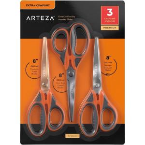Arteza Craft Scissors, Set of 3, 8-Inch Scissors with Different Blades, Titanium Nonstick Stainless Steel Blades, Craft Supplies for Scrapbooking, Building Models, and Cutting Felt Designs(Craft)