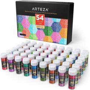 Arteza Fine Glitter, Set of 54 Colors, Shaker Jars (0.34oz/9.6 g) Glow Under UV Black Light, Extra Fine, Art Supplies for DIY Crafts