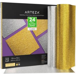 Arteza Glitter Paper, 24 Sheets, 12 x 12 Inches, Gold and Silver Scrapbook Paper, Arts and Crafts Supplies for Holiday Decor, Decoupage, and DIY Projects(Gold & Silver)