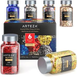 Arteza Glitter Shapes, Set of 6, Glitter for Resin in 0.9-oz Bottles, Glue, Acrylic Paint, Arts and Crafts Supplies for Creating School Projects, DIY Projects, and Holiday Art , Red(Shapes)
