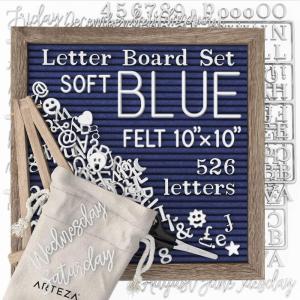 Arteza Gray Felt Letter Board Set, 10×10 Inches, With 526 Changeable Letters, 164 Symbols, 33 Cursive Words, Wooden Stand, Scissors & Storage Bag, Message Board for Signs, Decor & Menus(Blue)