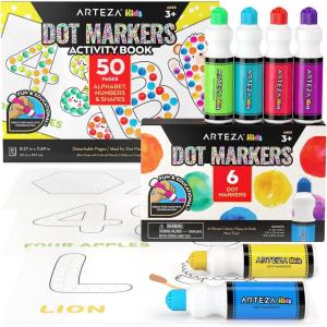 Arteza Kids Dot Markers with Activity Book, 6 Washable Bingo Daubers & 50-Page Book, Non-Toxic Art Supplies for Toddlers and Preschool Learning(Alphabet  Numbers & Shapes)