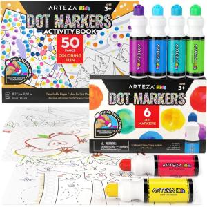 Arteza Kids Dot Markers with Activity Book, 6 Washable Bingo Daubers & 50-Page Book, Non-Toxic Art Supplies for Toddlers and Preschool Learning(Coloring Fun)