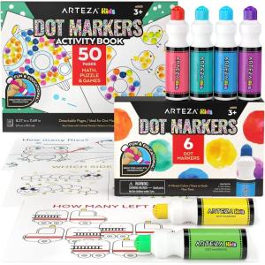 Arteza Kids Dot Markers with Activity Book, 6 Washable Bingo Daubers & 50-Page Book, Non-Toxic Art Supplies for Toddlers and Preschool Learning(Math  Puzzles & Games)