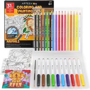 Arteza Kids Fantasy Coloring Kit, 3 Canvases 4 x 4 Inches, 10 Markers, 16 Watercolor Pencils, 1 Paint Brush, 1 Sharpener, Art Set for Kids Activities(Animals)