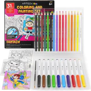 Arteza Kids Fantasy Coloring Kit, 3 Canvases 4 x 4 Inches, 10 Markers, 16 Watercolor Pencils, 1 Paint Brush, 1 Sharpener, Art Set for Kids Activities(Fantasy)