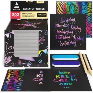 Arteza Scratch Paper, Set of 202 Notes, 3.5 x 3.5 Inches, 200 Rainbow and 2 Gold-Foil Star Backgrounds, Includes 2 Scratchers and 2 Sharpeners, Art Supplies for Craft and DIY Projects(Rainbow)