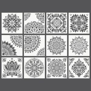 Arteza Stencils for Painting, 12 Unique Holiday Designs, 15.9 x 13.78 Inches, Thick Plastic Holiday Stencils, Art Supplies for Christmas Parties, Family Activities(Mandala Stencils)