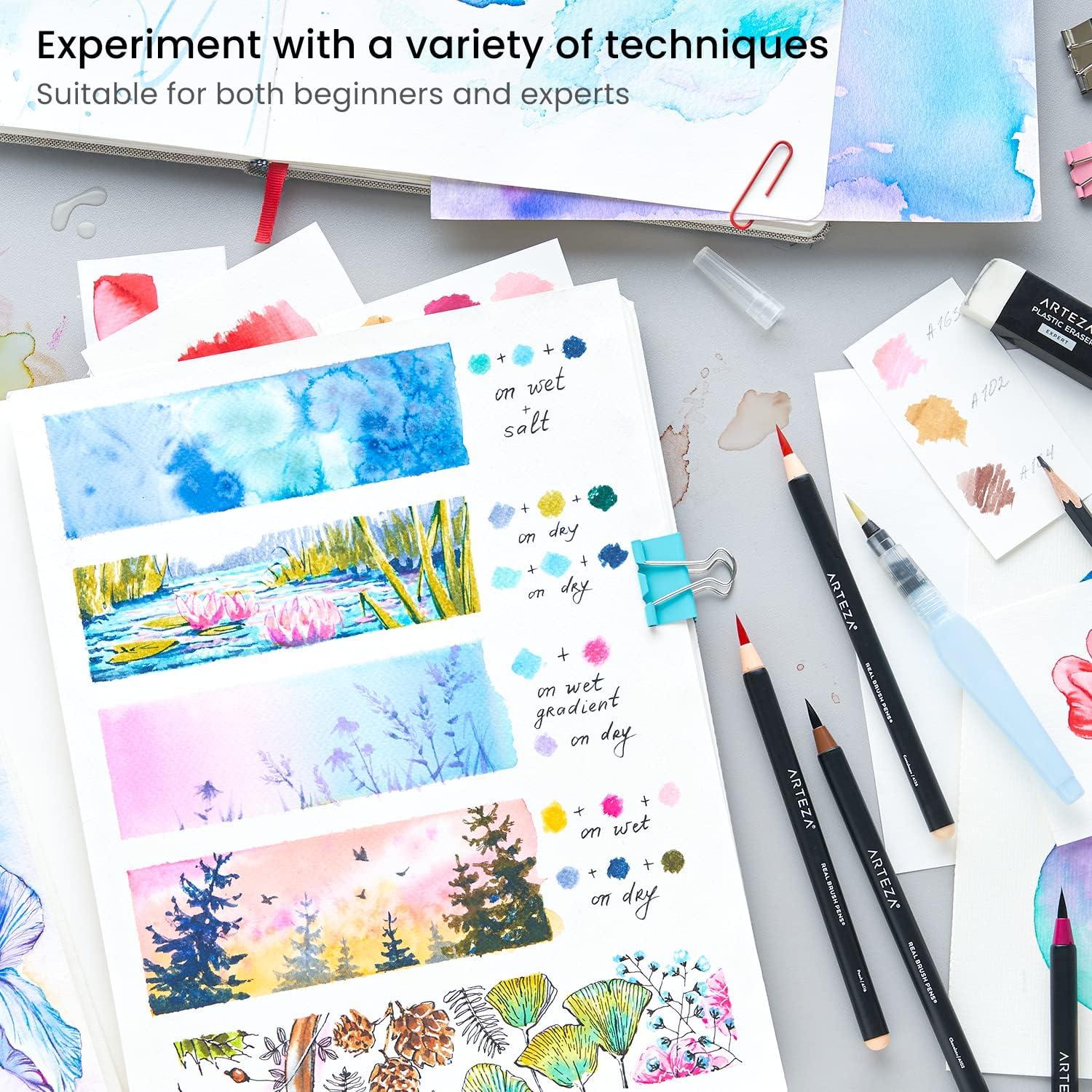 imageARTEZA 12 Watercolor Pens for Artists Landscape Tones Real Brush Pens Blendable Watercolor Markers for AdultsSea Colors
