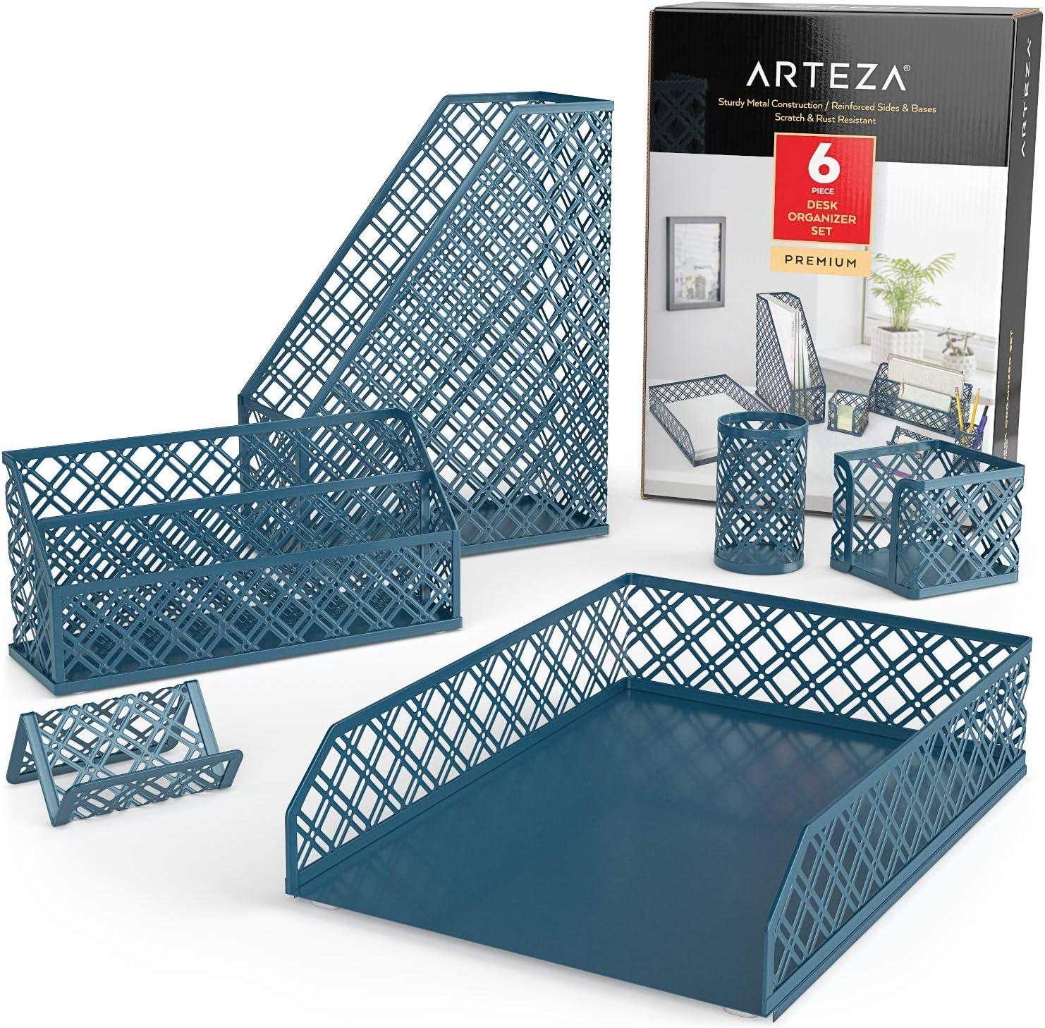 imageARTEZA 6Piece Teal Desk Accessories Set Essential Desktop Organizer for Home Office Includes Paper Organizer Pencil Holder Letter Sorter ampamp More Teal Office SuppliesDark Green
