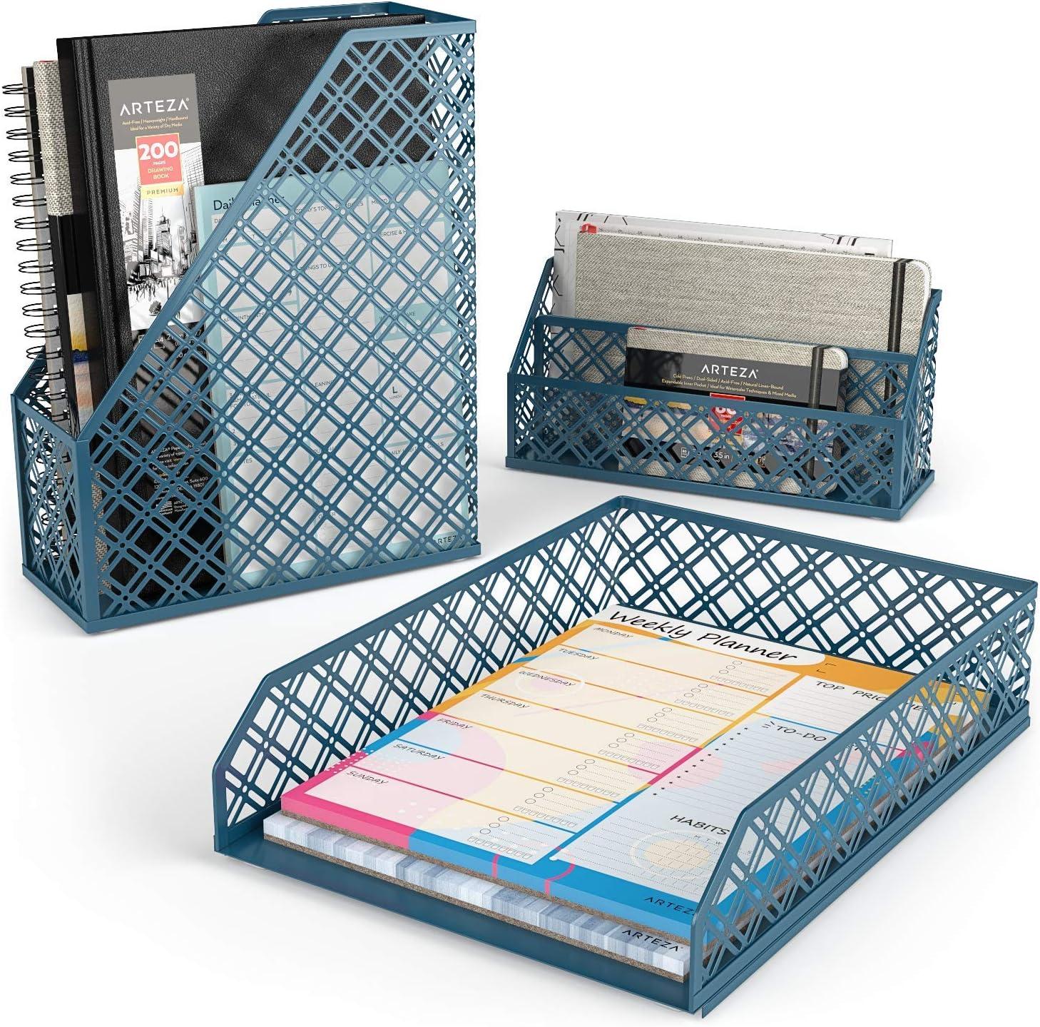 imageARTEZA 6Piece Teal Desk Accessories Set Essential Desktop Organizer for Home Office Includes Paper Organizer Pencil Holder Letter Sorter ampamp More Teal Office SuppliesDark Green