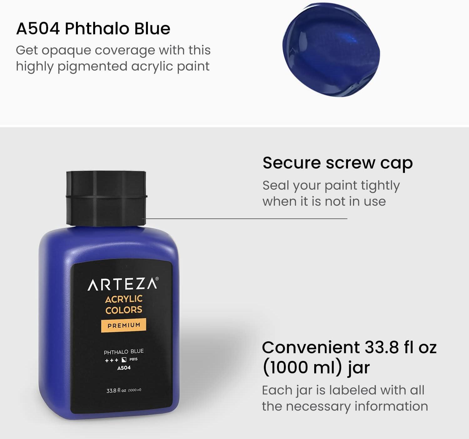 imageARTEZA Acrylic Paint A104 Yellow Ochre 169 fl oz 500ml Jar Opaque QuickDrying Acrylic Paints for Painting on Canvas Paper WoodA504 Phthalo Blue